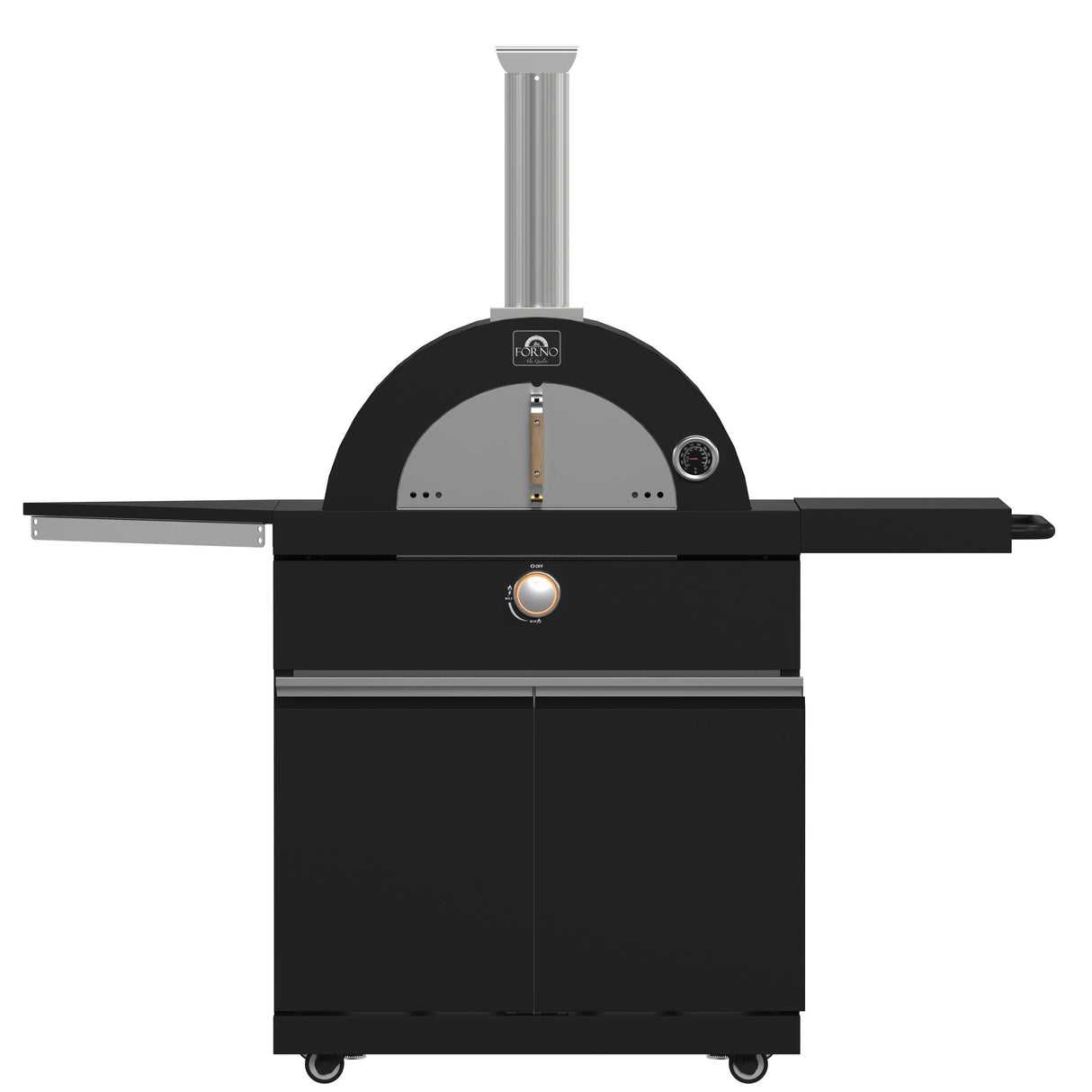 Forno All Aperto 99,600 BTU Outdoor Kitchen, 5 Burners, Infrared Burners, Side Burner, Black Sintered Stone Countertops, Gas Pizza Oven, Sink Module, Bar & Beverage Center