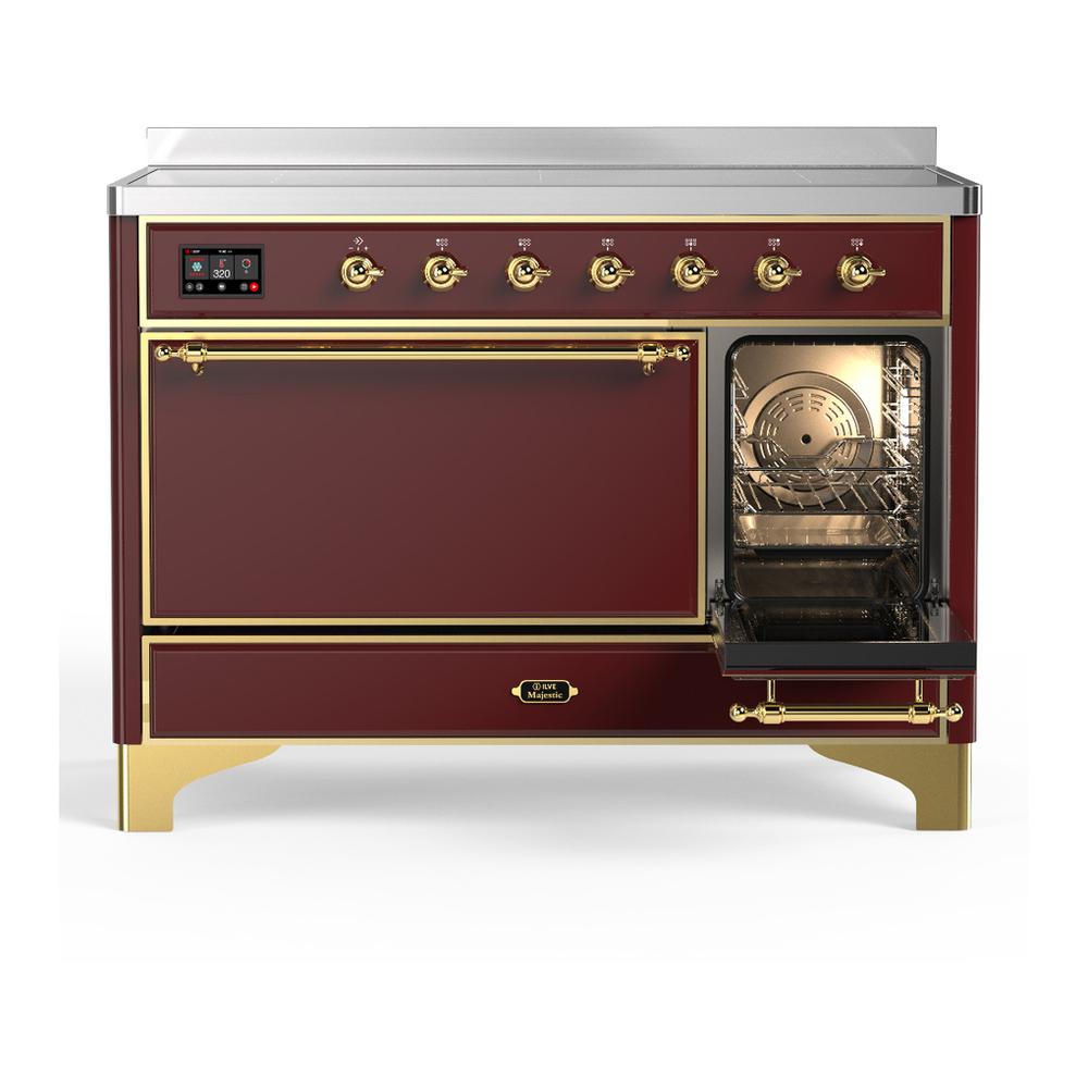ILVE UMIB48QNR3BUG Majestic III 48 inch Induction Range with 6 Elements, 5.02 cu. ft. Total Oven Capacity (Solid Door, Burgundy, Brass)