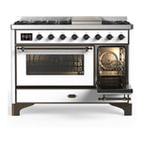 ILVE UM48FNR3WHBLP Majestic III 48 inch Dual Fuel Range with 8 Burners and Griddle, Dual Function Burner up to 25,000 BTU (Liquid Propane, Triple Glass Door, White, Burnished)