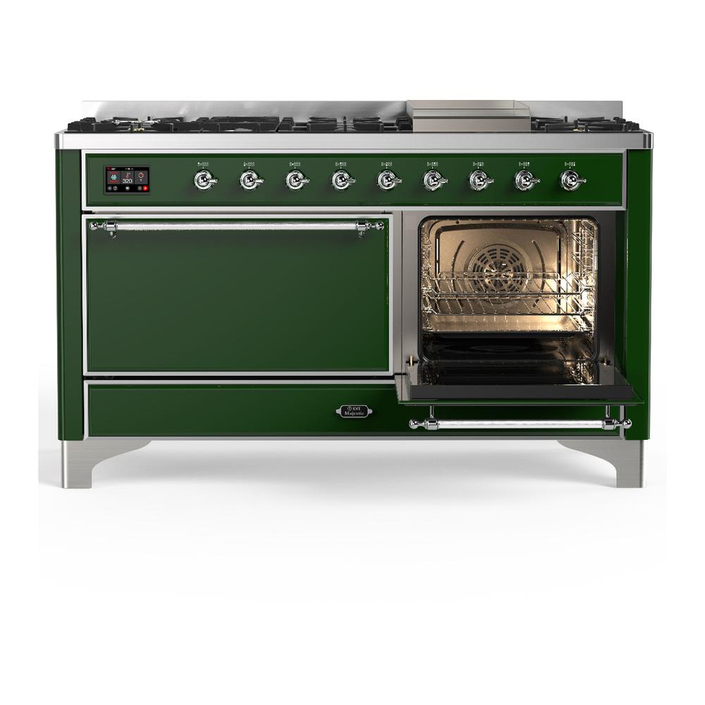 ILVE UM60FQNR3EGCLP Majestic III 60 inch Dual Fuel Range with 9 Burners and Griddle, Dual Function Burner up to 25,000 BTU (Liquid Propane, Solid Door, Emerald Green, Chrome)