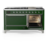 ILVE UM60FQNR3EGCLP Majestic III 60 inch Dual Fuel Range with 9 Burners and Griddle, Dual Function Burner up to 25,000 BTU (Liquid Propane, Solid Door, Emerald Green, Chrome)