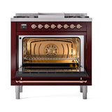 ILVE UN36FQNMPBUP Nostalgie II Noblesse 36 inch Dual Fuel Range (Natural Gas, Solid Door, Burgundy, Copper)