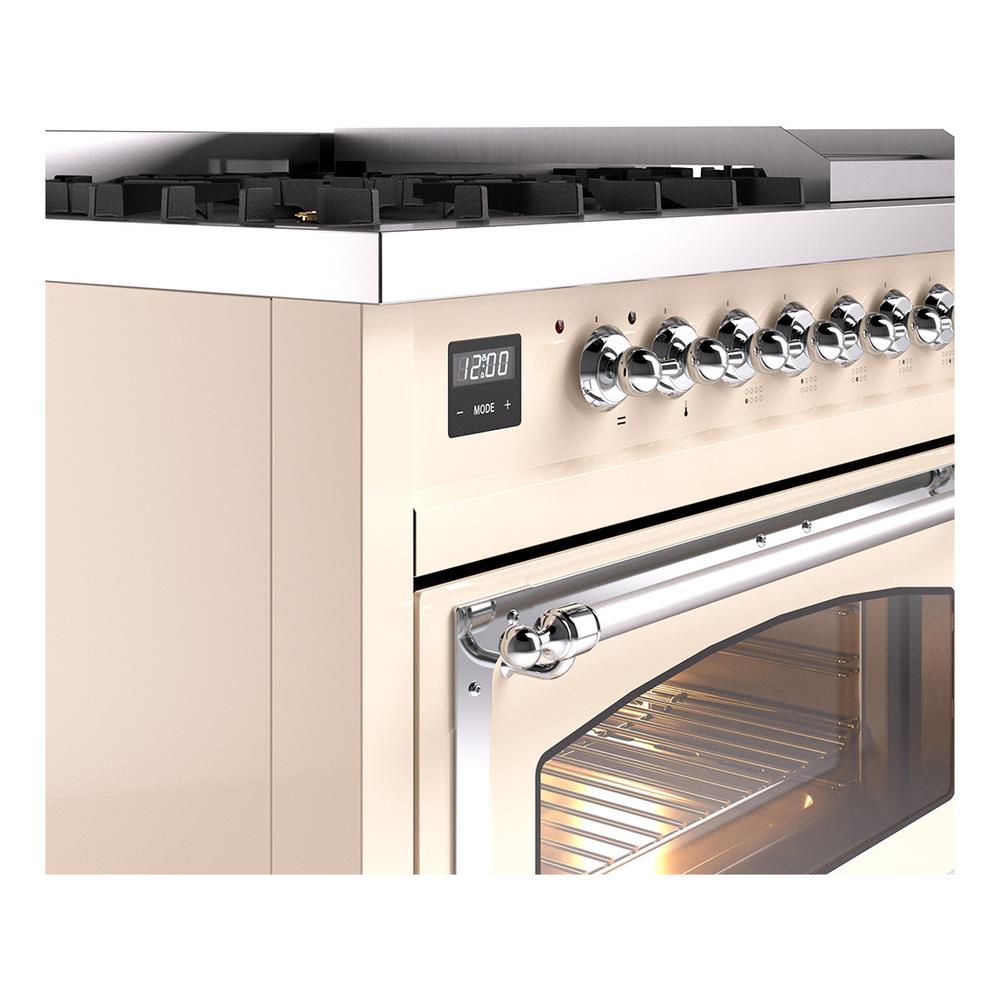 ILVE UN48FNMPAWC Nostalgie II Noblesse 48 inch Dual Fuel Range (8 Sealed Burners + Griddle, Natural Gas, Triple Glass Door, Antique White, Chrome)