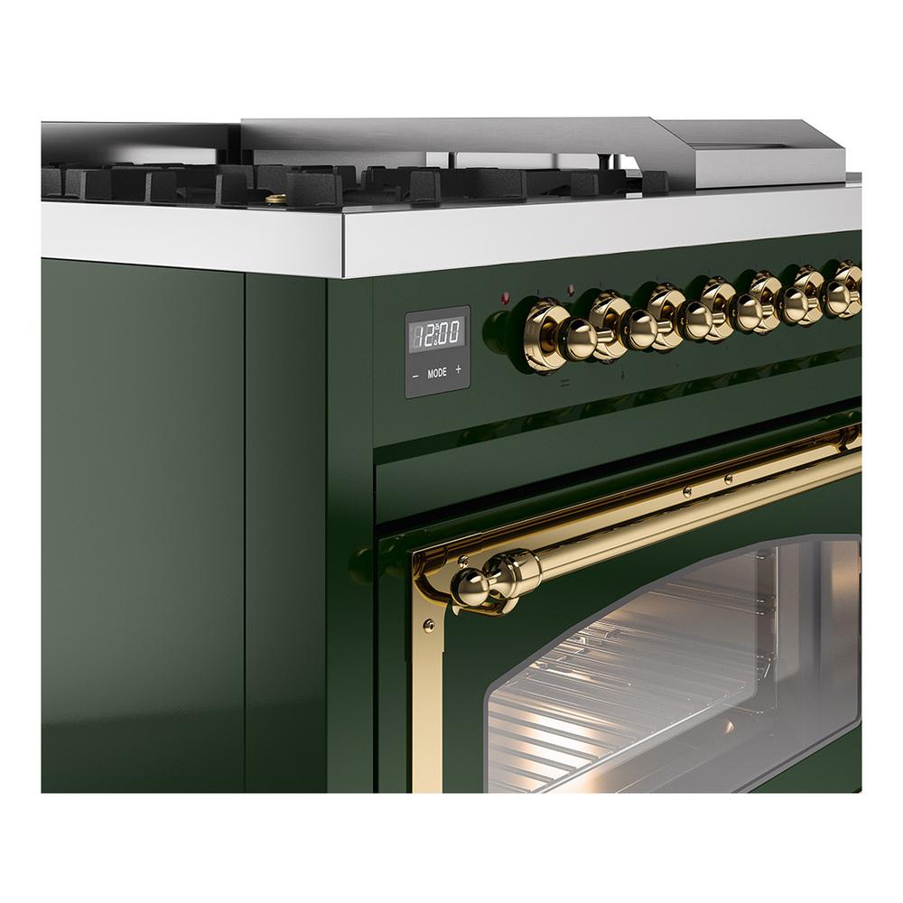 ILVE UN48FSNMPEGGLP Nostalgie II Noblesse 48 inch Dual Fuel Range (5 Sealed Burners + Griddle + French Top, Liquid Propane, Triple Glass Door, Emerald Green, Brass)
