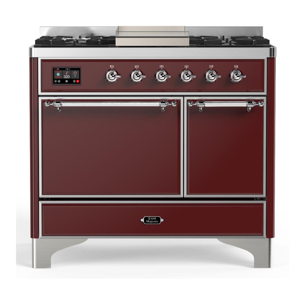 ILVE UMD40FQNR3BUCLP Majestic III 40 inch Dual Fuel Range with 6 Burners and Griddle, Dual Function Burner up to 25,000 BTU (Liquid Propane, Solid Door, Burgundy, Chrome)