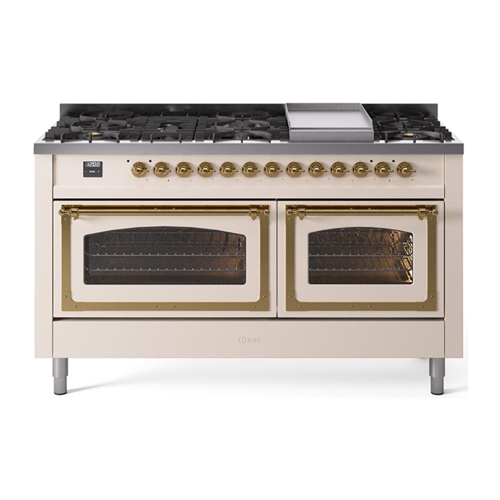 ILVE UN60FNMPAWG Nostalgie II Noblesse 60 inch Dual Fuel Range (9 Sealed Burners + Griddle, Natural Gas, Triple Glass Door, Antique White, Brass)