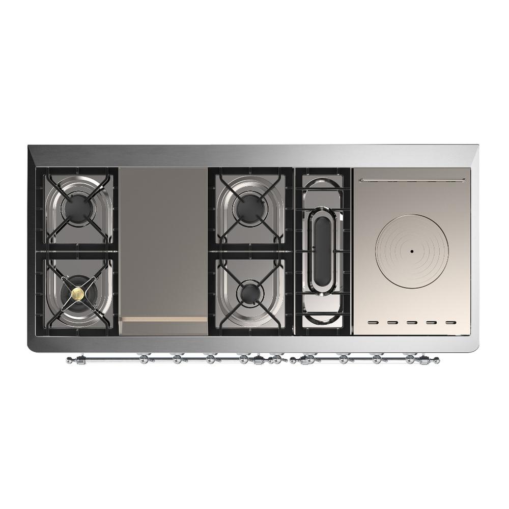 ILVE UM60FSQNR3WHC Majestic III 60 inch Dual Fuel Range with 7 Burners, Griddle and French Top, Dual Function Burner with up to 25,000 BTU (Natural Gas, Solid Door, White, Chrome)