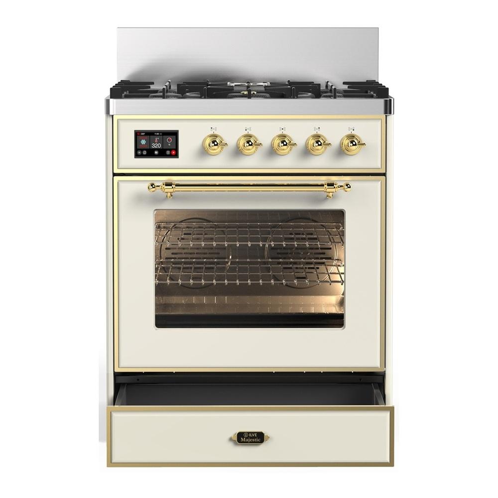 ILVE UM30NR3AWGLP Majestic III 30 inch Dual Fuel Range with 5 Black Brass Burners, Dual Function Burner up to 25,000 BTU (Liquid Propane, Triple Glass Door, Antique White, Brass)