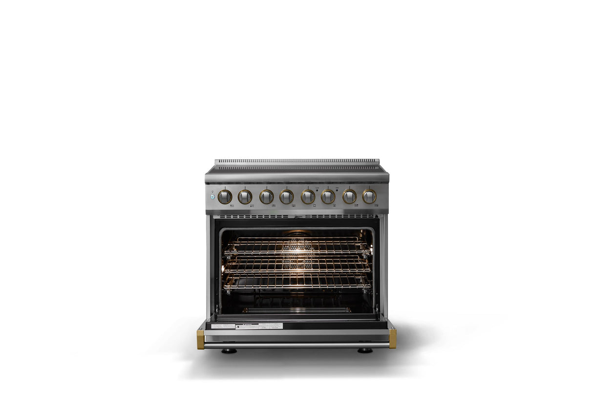 36"W. Induction Range (Finish: Stainless Steel, Trim: Brushed Brass)
