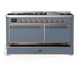 ILVE UM60FQNR3BGPLP Majestic III 60 inch Dual Fuel Range with 9 Burners and Griddle, Dual Function Burner up to 25,000 BTU (Liquid Propane, Solid Door, Blue Grey, Copper)