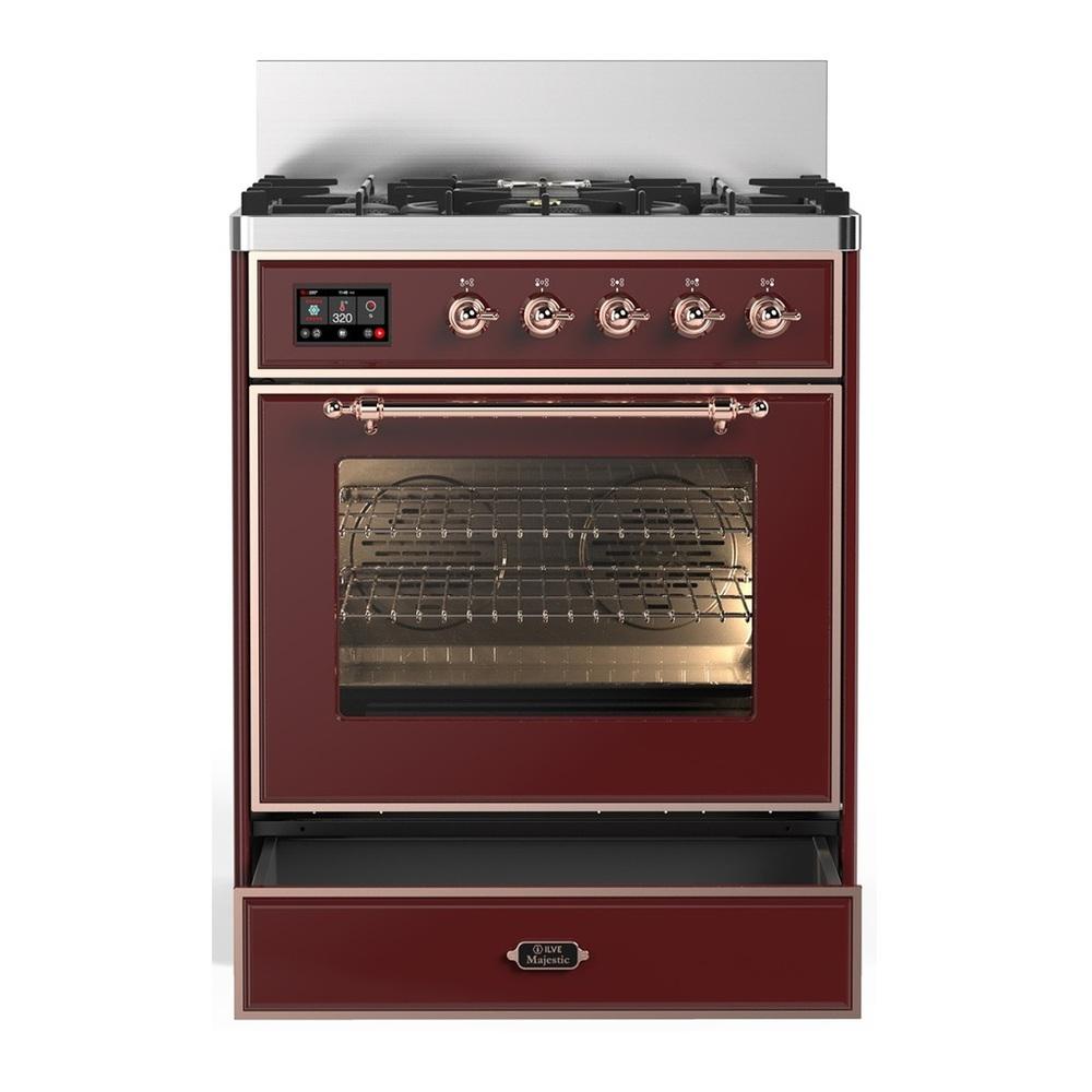 ILVE UM30NR3BUPLP Majestic III 30 inch Dual Fuel Range with 5 Black Brass Burners, Dual Function Burner up to 25,000 BTU (Liquid Propane, Triple Glass Door, Burgundy, Copper)