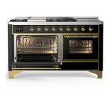 ILVE UM60FSNR3BKGLP Majestic III 60 inch Dual Fuel Range with 7 Burners, Griddle and French Top, Dual Function Burner with up to 25,000 BTU (Liquid Propane, Triple Glass Door, Glossy Black, Brass)