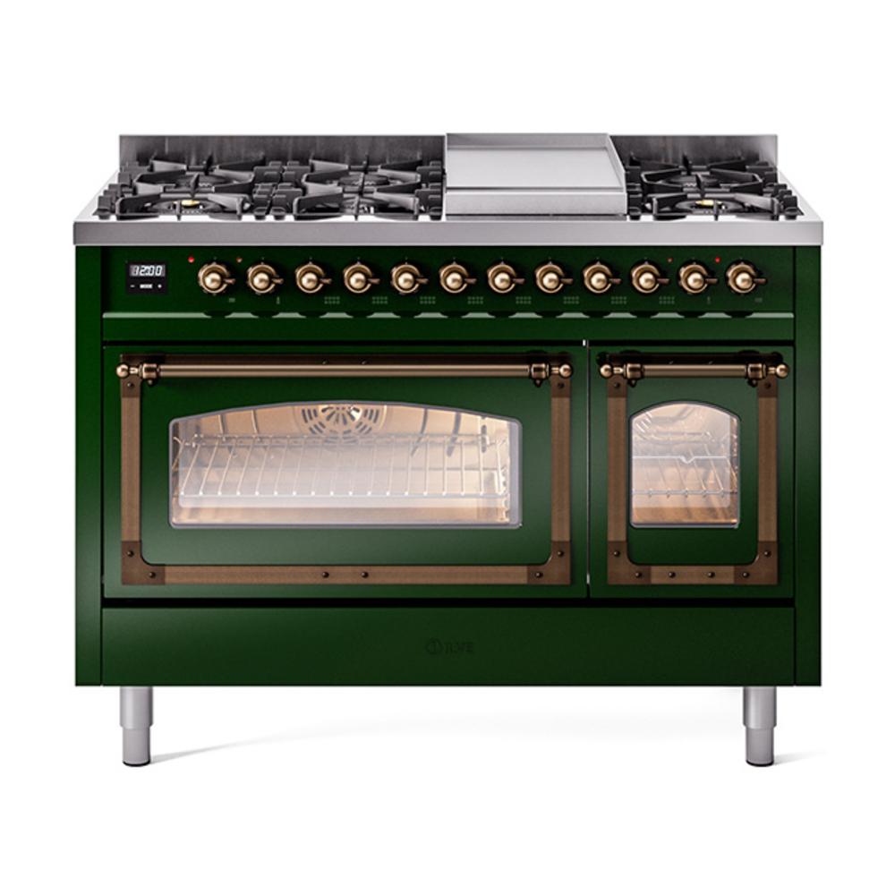 ILVE UN48FNMPEGBLP Nostalgie II Noblesse 48 inch Dual Fuel Range (8 Sealed Burners + Griddle, Liquid Propane, Triple Glass Door, Emerald Green, Burnished)