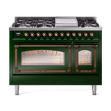 ILVE UN48FNMPEGBLP Nostalgie II Noblesse 48 inch Dual Fuel Range (8 Sealed Burners + Griddle, Liquid Propane, Triple Glass Door, Emerald Green, Burnished)