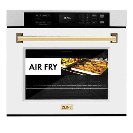 ZLINE 30 in. Autograph Edition Professional True Convection Single Wall Oven with Air Fry and Self Clean in DuraSnow' Stainless Steel with White Matte Door and Polished Gold Handle (WASSZ-WM-30-G)