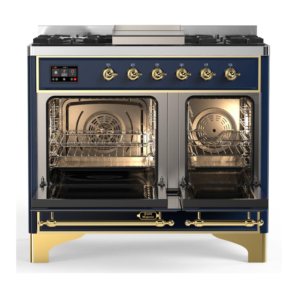 ILVE UMD40FNR3MBGLP Majestic III 40 inch Dual Fuel Range with 6 Burners and Griddle, Dual Function Burner up to 25,000 BTU (Liquid Propane, Triple Glass Door, Midnight Blue, Brass)
