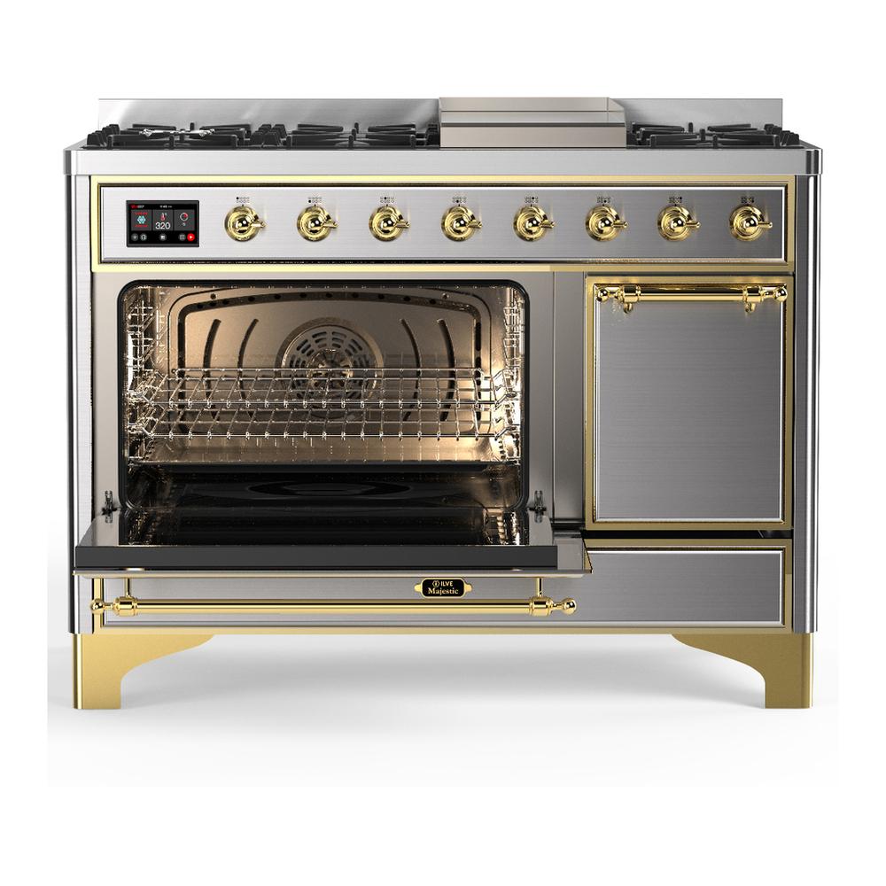 ILVE UM48FQNR3SSG Majestic III 48 inch Dual Fuel Range with 8 Burners and Griddle, Dual Function Burner up to 25,000 BTU (Natural Gas, Solid Door, Stainless Steel, Brass)