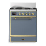 ILVE UM30QNR3BGGLP Majestic III 30 inch Dual Fuel Range with 5 Black Brass Burners, Dual Function Burner up to 25,000 BTU (Liquid Propane, Solid Door, Blue Grey, Brass)