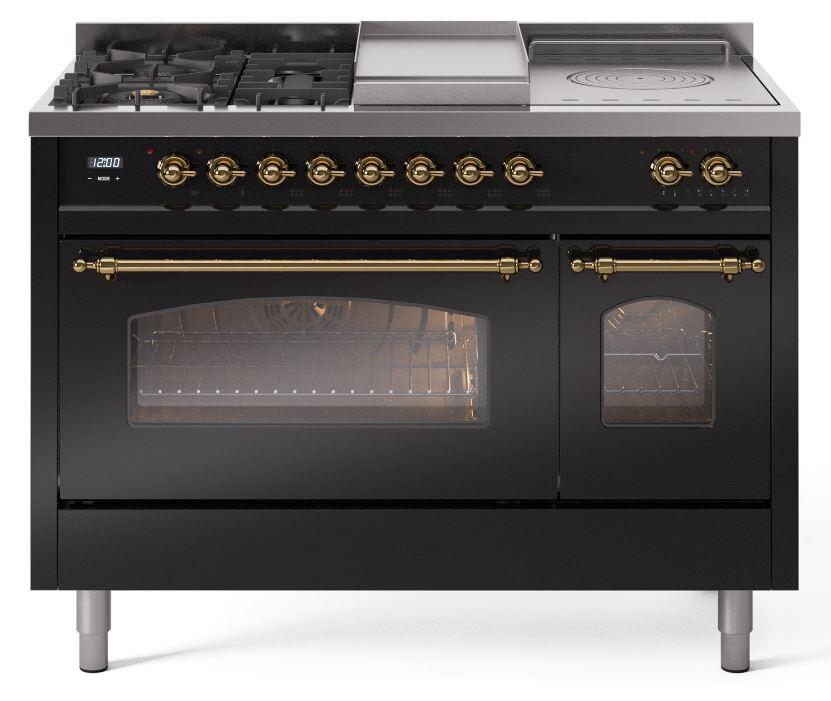 Nostalgie II 48 Inch Dual Fuel Liquid Propane Freestanding Range in Glossy Black with Brass Trim