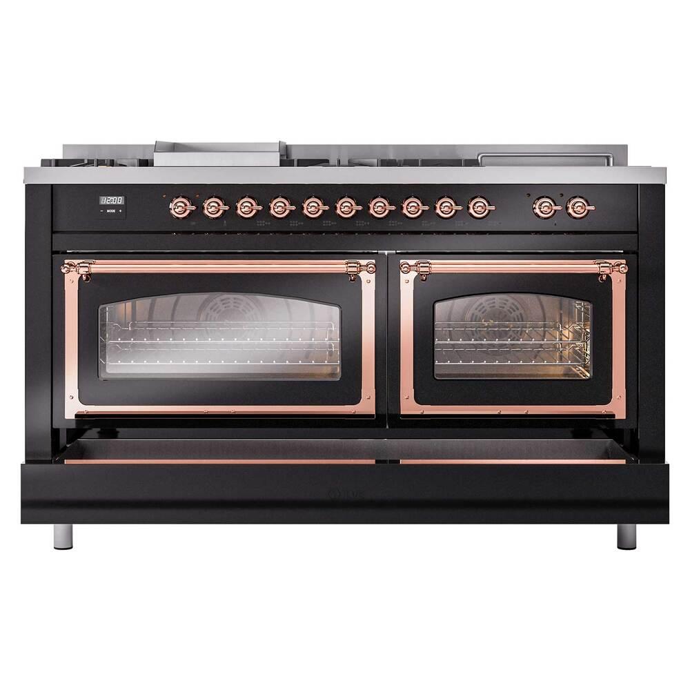 ILVE UN60FSNMPBKP Nostalgie II Noblesse 60 inch Dual Fuel Range (7 Sealed Burners + Griddle + French Top, Natural Gas, Triple Glass Door, Glossy Black, Copper)