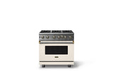 36"W. Open Burner Gas Range (Finish: Pure White, Trim: Brushed Brass, Fuel: Natural Gas)