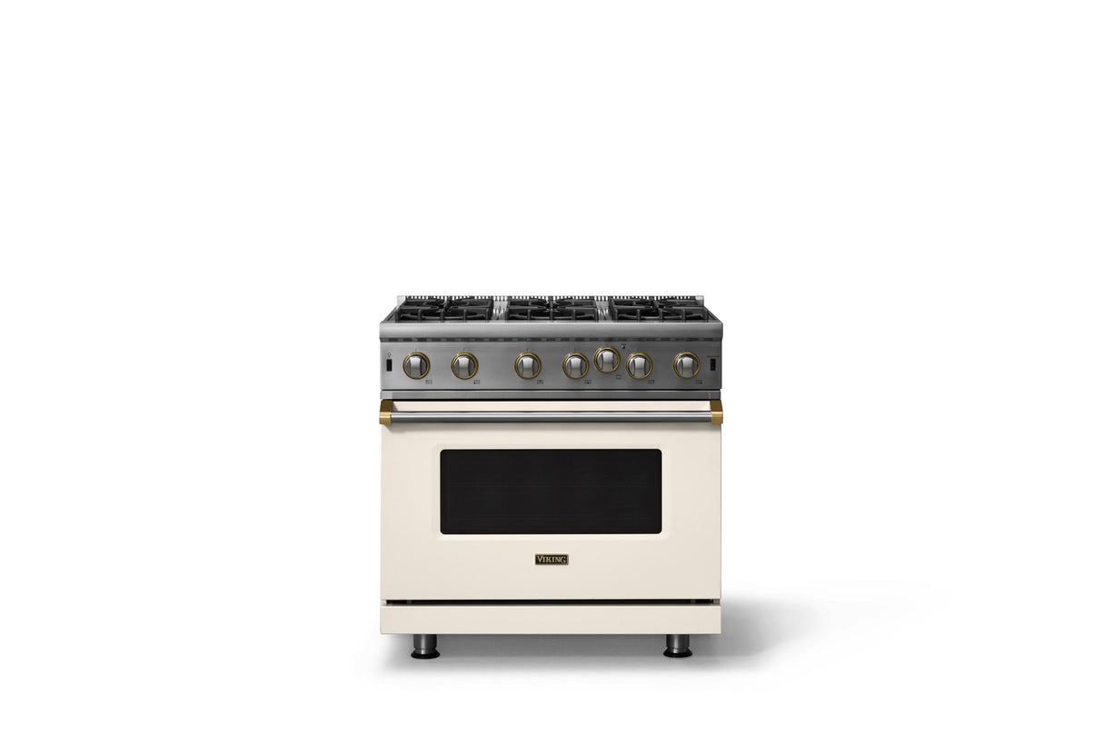 36"W. Open Burner Gas Range (Finish: Pure White, Trim: Brushed Brass, Fuel: Propane)
