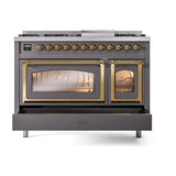 ILVE UN48FNMPMGGLP Nostalgie II Noblesse 48 inch Dual Fuel Range (8 Sealed Burners + Griddle, Liquid Propane, Triple Glass Door, Graphite Matte, Brass)