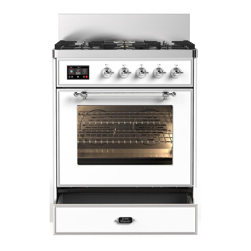 ILVE UM30NR3WHC Majestic III 30 inch Dual Fuel Range with 5 Black Brass Burners, Dual Function Burner up to 25,000 BTU (Natural Gas, Triple Glass Door, White, Chrome)