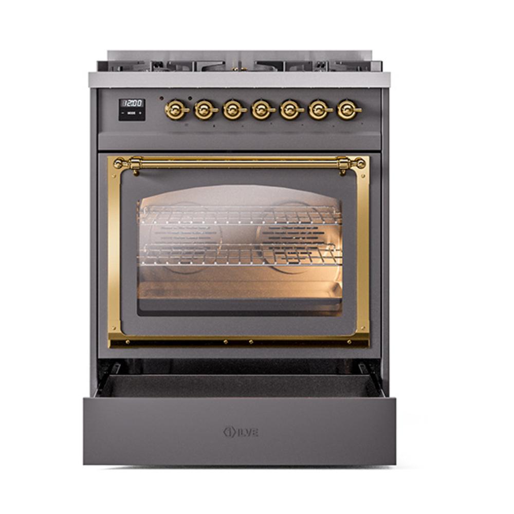 ILVE UN30NMPMGG Nostalgie II Noblesse 30 inch Dual Fuel Range (Natural Gas, Triple Glass Door, Graphite Matte, Brass)