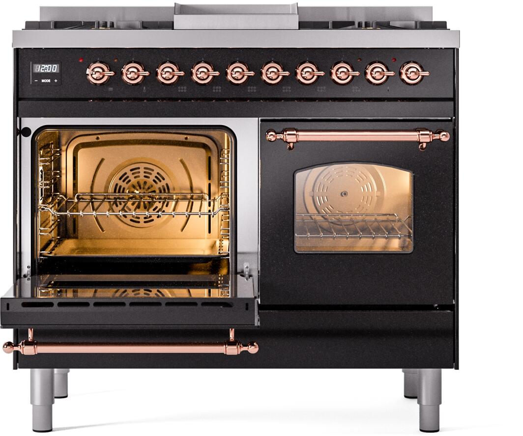 Nostalgie II 40 Inch Dual Fuel Natural Gas Freestanding Range in Glossy Black with Copper Trim