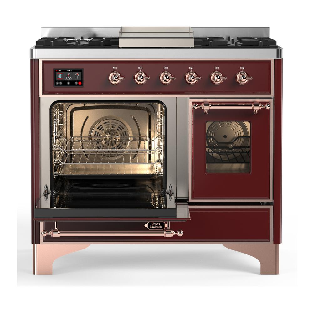 ILVE UMD40FNR3BUPLP Majestic III 40 inch Dual Fuel Range with 6 Burners and Griddle, Dual Function Burner up to 25,000 BTU (Liquid Propane, Triple Glass Door, Burgundy, Copper)