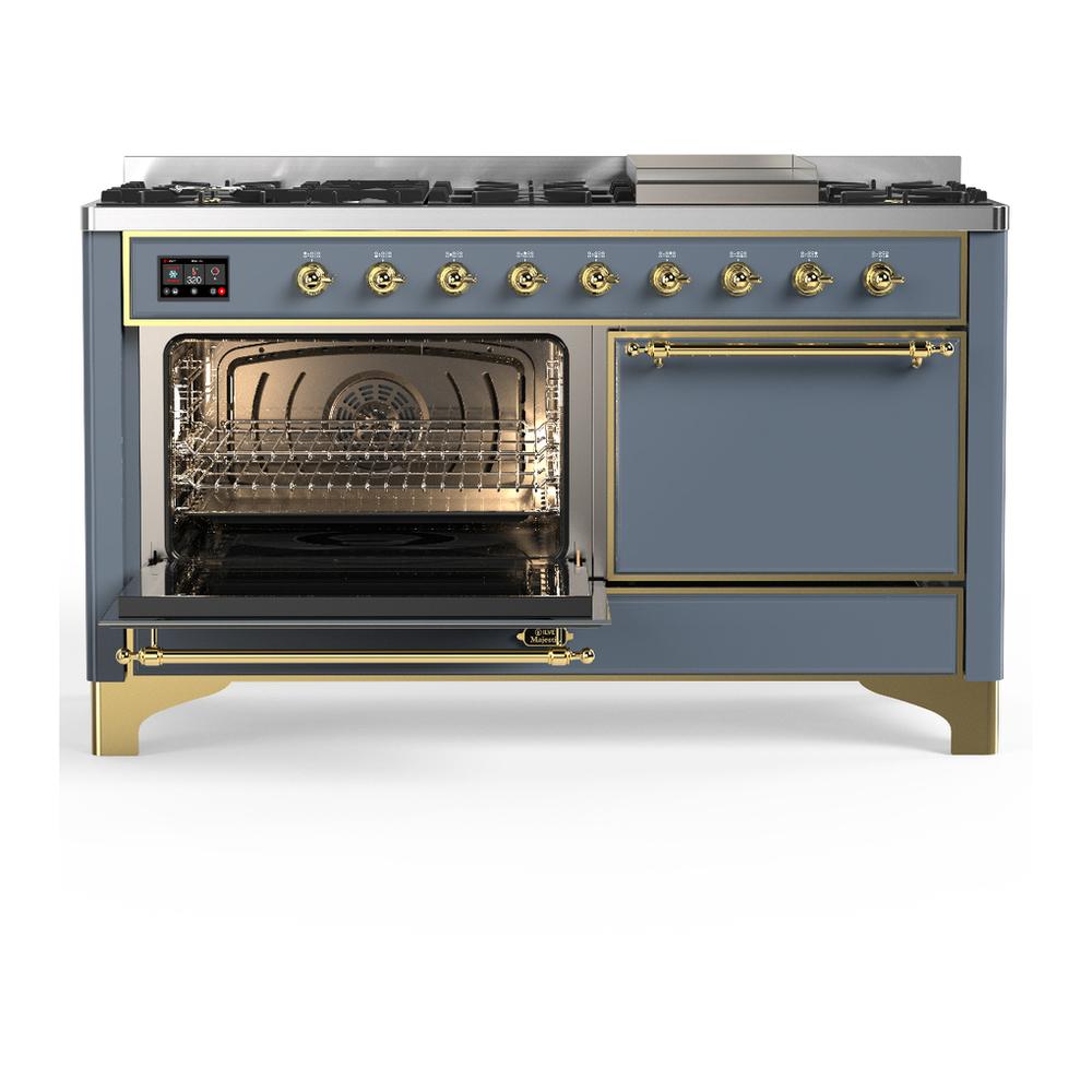ILVE UM60FQNR3BGG Majestic III 60 inch Dual Fuel Range with 9 Burners and Griddle, Dual Function Burner up to 25,000 BTU (Natural Gas, Solid Door, Blue Grey, Brass)
