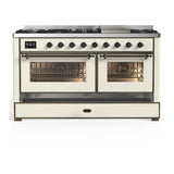 ILVE UM60FNR3AWB Majestic III 60 inch Dual Fuel Range with 9 Burners and Griddle, Dual Function Burner up to 25,000 BTU (Natural Gas, Triple Glass Door, Antique White, Burnished)
