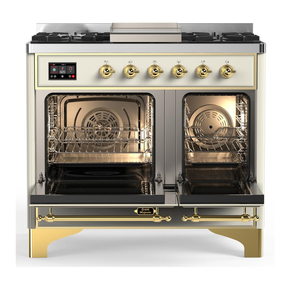 ILVE UMD40FNR3AWG Majestic III 40 inch Dual Fuel Range with 6 Burners and Griddle, Dual Function Burner up to 25,000 BTU (Natural Gas, Triple Glass Door, Antique White, Brass)