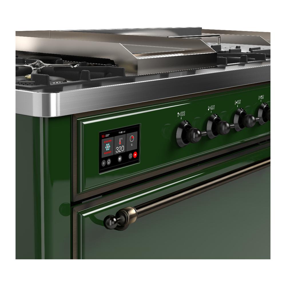 ILVE UM60FSQNR3EGBLP Majestic III 60 inch Dual Fuel Range with 7 Burners, Griddle and French Top, Dual Function Burner with up to 25,000 BTU (Liquid Propane, Solid Door, Emerald Green, Burnished)