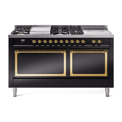 ILVE UN60FSQNMPBKGLP Nostalgie II Noblesse 60 inch Dual Fuel Range (7 Sealed Burners + Griddle + French Top, Liquid Propane, Solid Door, Glossy Black, Brass)