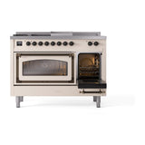 ILVE UN48FSNMPAWBLP Nostalgie II Noblesse 48 inch Dual Fuel Range (5 Sealed Burners + Griddle + French Top, Liquid Propane, Triple Glass Door, Antique White, Burnished)