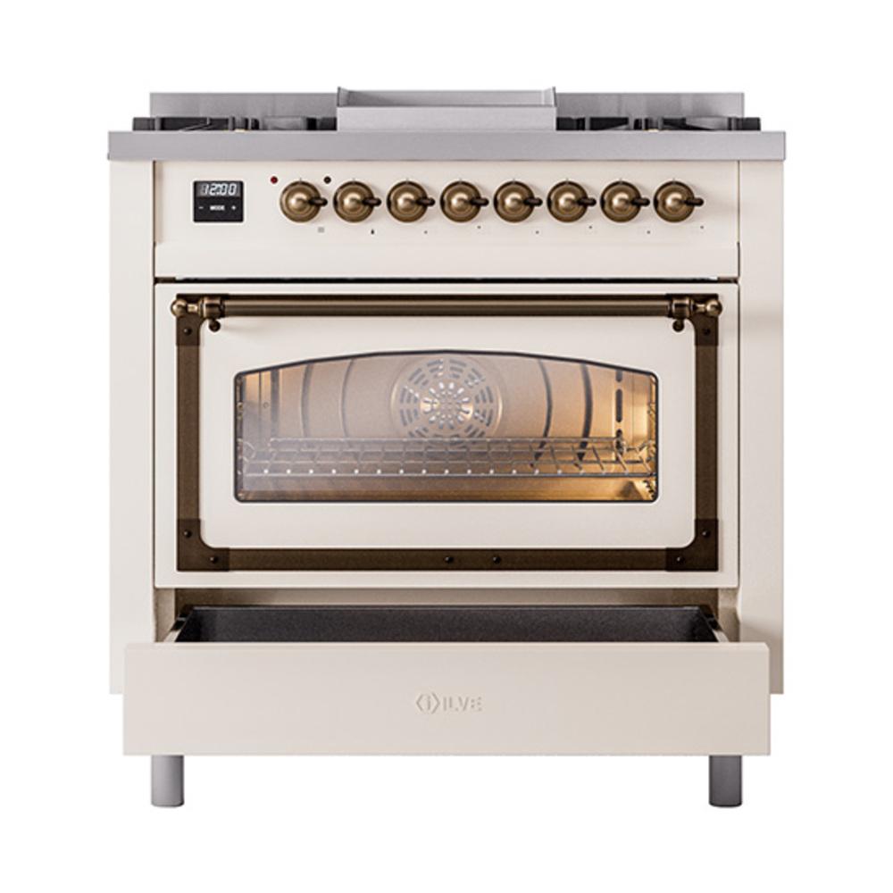ILVE UN36FNMPAWBLP Nostalgie II Noblesse 36 inch Dual Fuel Range (Liquid Propane, Triple Glass Door, Antique White, Burnished)