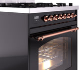 Nostalgie II 30 Inch Dual Fuel Natural Gas Freestanding Range in Glossy Black with Copper Trim