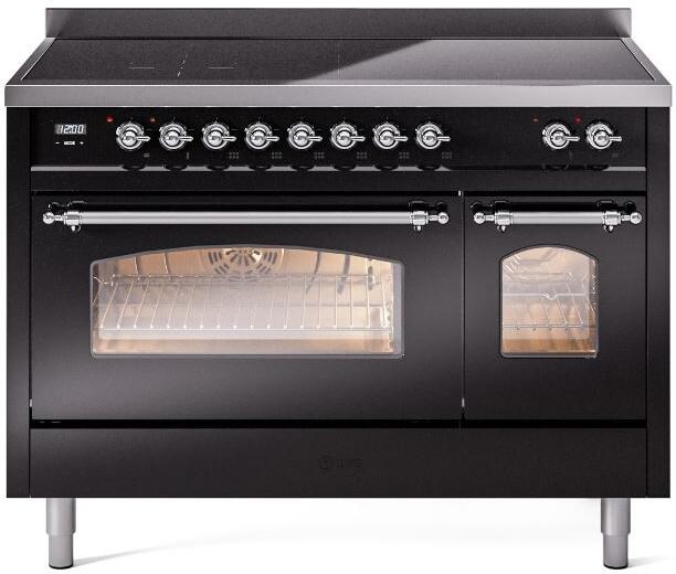 Nostalgie II 48 Inch Electric Freestanding Range in Glossy Black with Chrome Trim