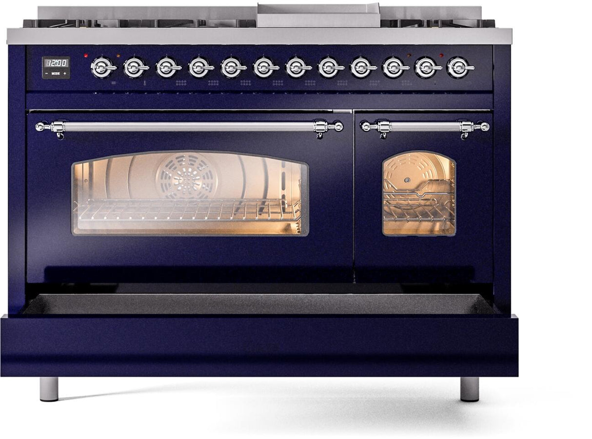 Nostalgie II 48 Inch Dual Fuel Natural Gas Freestanding Range in Blue with Chrome Trim
