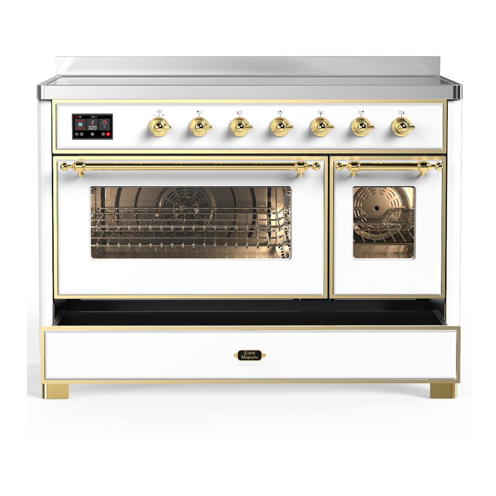 ILVE UMIB48NR3WHG Majestic III 48 inch Induction Range with 6 Elements, 5.02 cu. ft. Total Oven Capacity (Triple Glass Door, White, Brass)