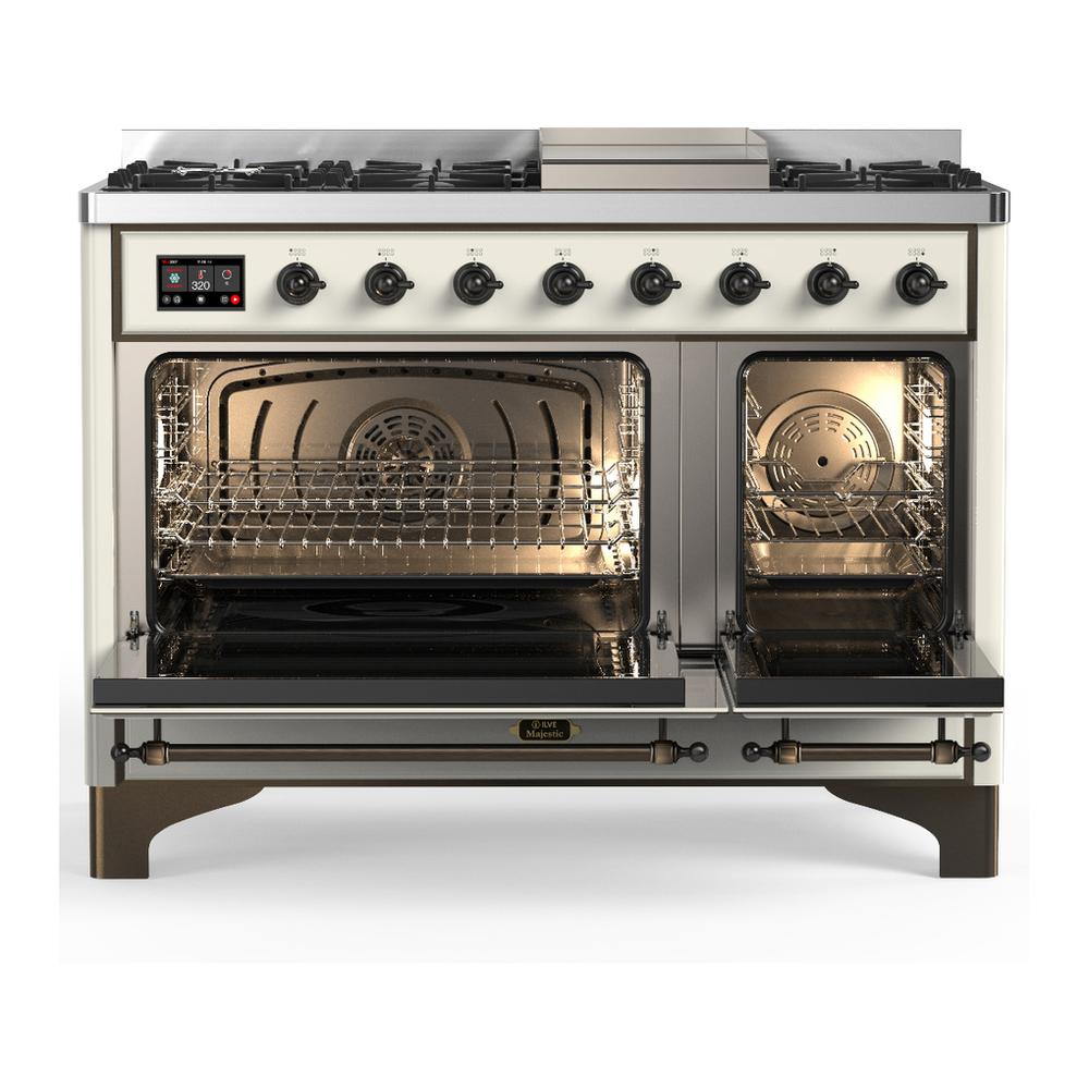ILVE UM48FQNR3AWB Majestic III 48 inch Dual Fuel Range with 8 Burners and Griddle, Dual Function Burner up to 25,000 BTU (Natural Gas, Solid Door, Antique White, Burnished)