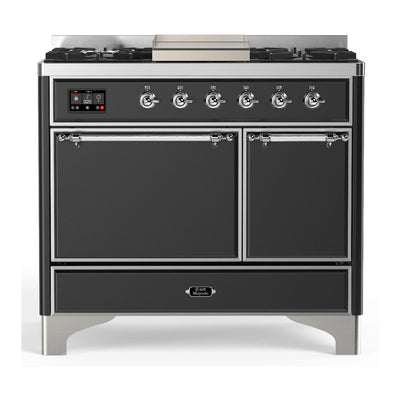 ILVE UMD40FQNR3MGC Majestic III 40 inch Dual Fuel Range with 6 Burners and Griddle, Dual Function Burner up to 25,000 BTU (Natural Gas, Solid Door, Graphite Matte, Chrome)