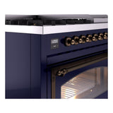 ILVE UN48FNMPMBB Nostalgie II Noblesse 48 inch Dual Fuel Range (8 Sealed Burners + Griddle, Natural Gas, Triple Glass Door, Midnight Blue, Burnished)