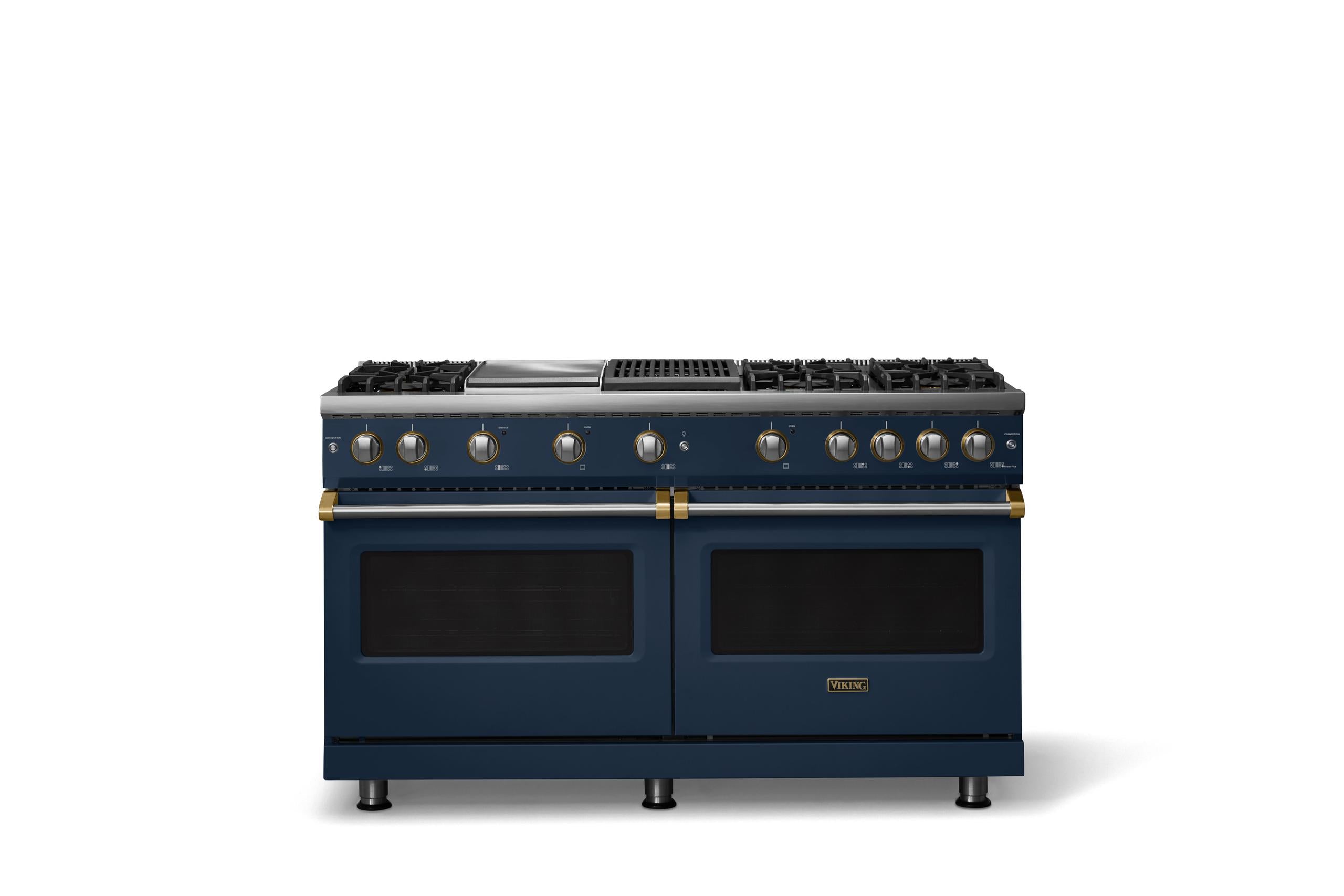 60"W. Sealed Burner Gas Range (Finish: Slate Blue, Trim: Brushed Brass, Fuel: Propane)
