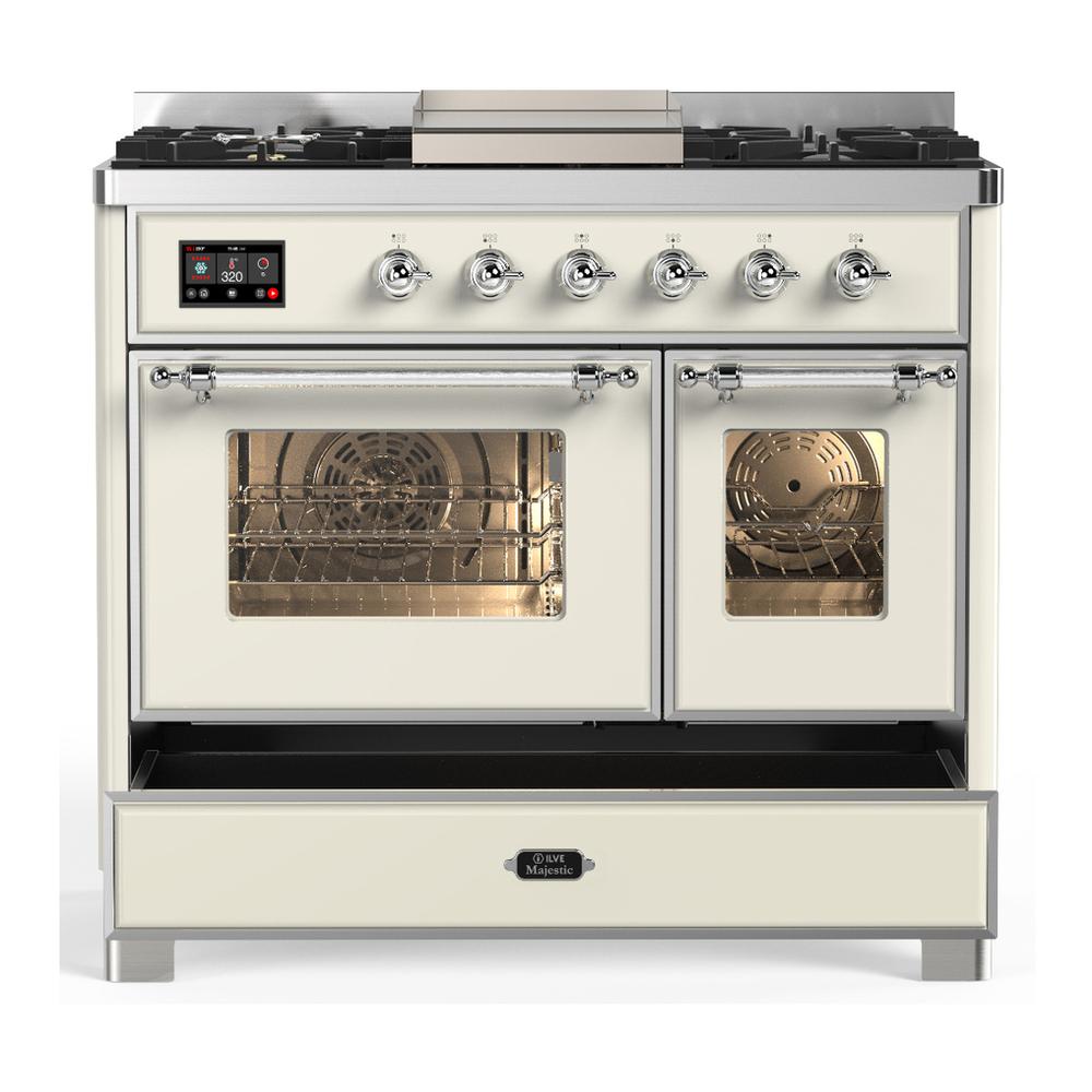 ILVE UMD40FNR3AWC Majestic III 40 inch Dual Fuel Range with 6 Burners and Griddle, Dual Function Burner up to 25,000 BTU (Natural Gas, Triple Glass Door, Antique White, Chrome)
