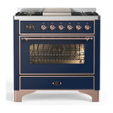 ILVE UM36FNR3MBPLP Majestic III 36 inch Dual Fuel Range with 6 Black Brass Burners and Griddle, Dual Function Burner up to 25,000 BTU (Triple Glass Door, Midnight Blue, Copper, Liquid Propane)