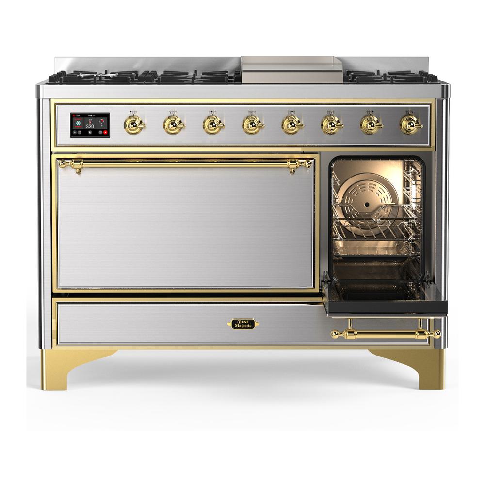 ILVE UM48FQNR3SSG Majestic III 48 inch Dual Fuel Range with 8 Burners and Griddle, Dual Function Burner up to 25,000 BTU (Natural Gas, Solid Door, Stainless Steel, Brass)