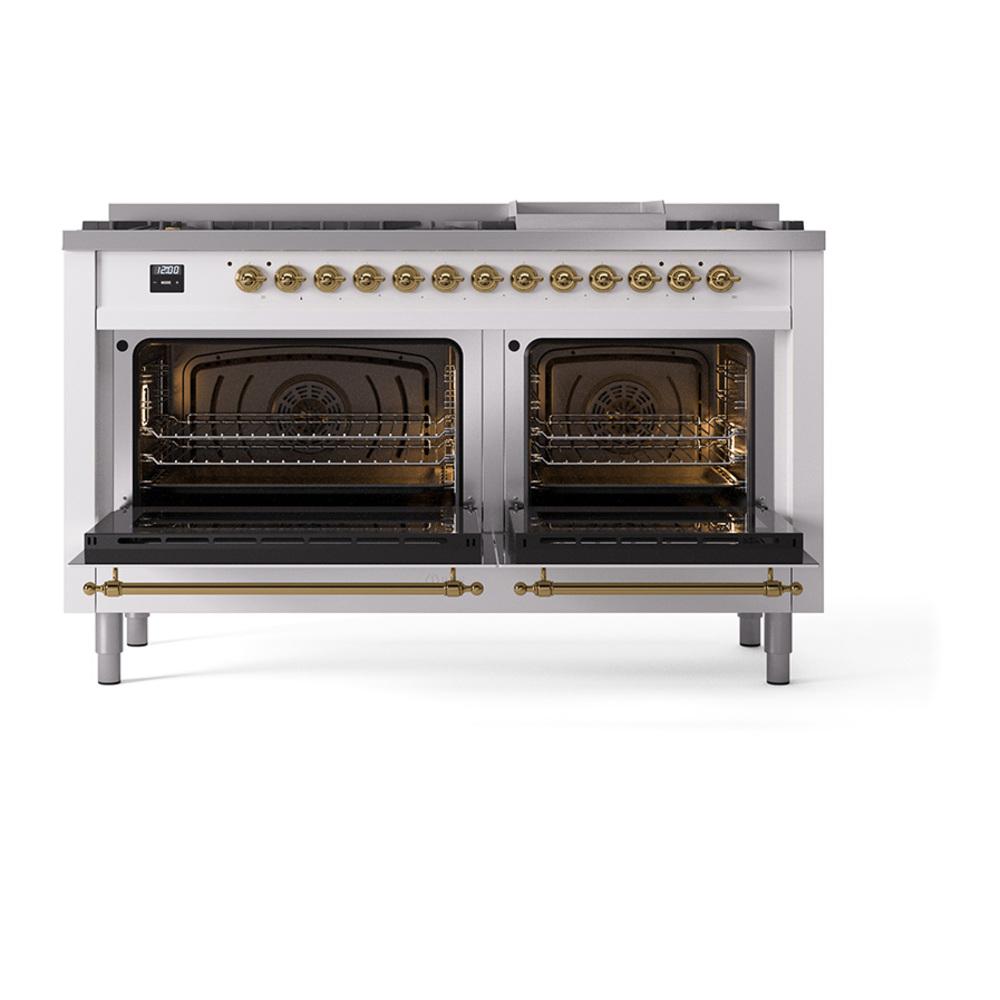 ILVE UN60FNMPWHG Nostalgie II Noblesse 60 inch Dual Fuel Range (9 Sealed Burners + Griddle, Natural Gas, Triple Glass Door, White, Brass)